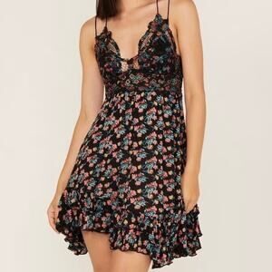 NEW Free People FP One Adella Floral Sleeveless Slip Mini Dress Black Medium NWT